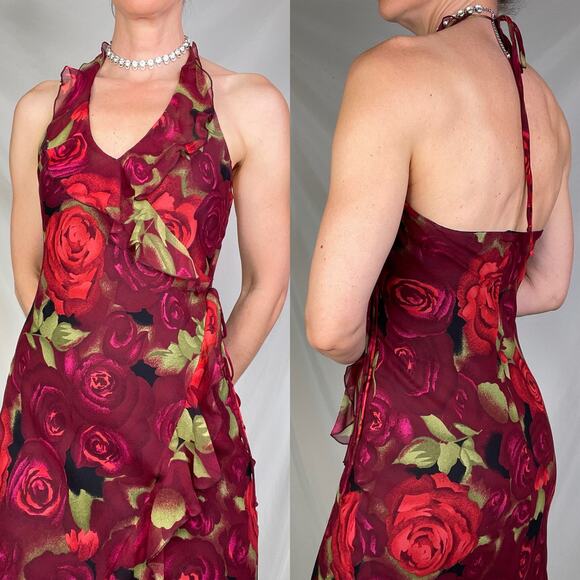 bebe 100% silk rose floral print halter slip dress slipdress fairy roses red S - Picture 14 of 16